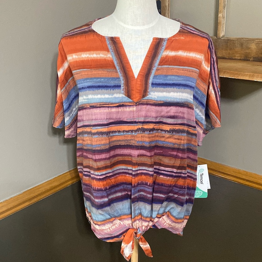 Westbound striped v neck tie front short sleeve tencel top size L